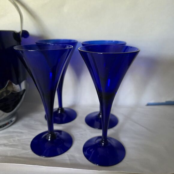 Lot Vintage Farber Bros Cobalt Blue Glass Ice Bucket, Creamer Art Deco 4 Glasses - Picture 5 of 16